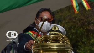 Presidente Luis Arce, este miércoles en la plaza Abaroa. 
