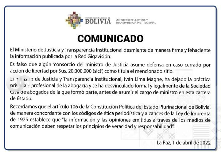 Comunicado del Ministerio de Justicia y Transparencia.