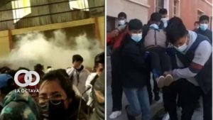 El momento de la explosión de la granada de gas y los estudiantes evacuados. Fotos: Redes sociales.