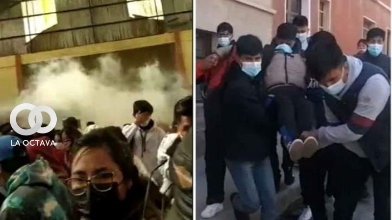 El momento de la explosión de la granada de gas y los estudiantes evacuados. Fotos: Redes sociales.
