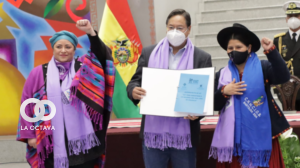 En el acto el presidente Arce junto a la dirigenta de las Bartolinas y la ministra de la Presidencia