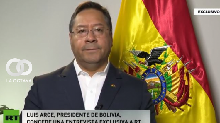 Presidente Luis Arce en entrevista con RT. Foto. Captura de video.