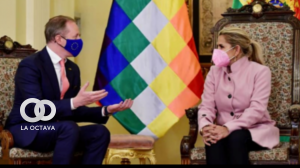 Representante de la Unión Europea sosteniendo un encuentro con la expresidente interina Jeanine Áñez en octubre de 2020.