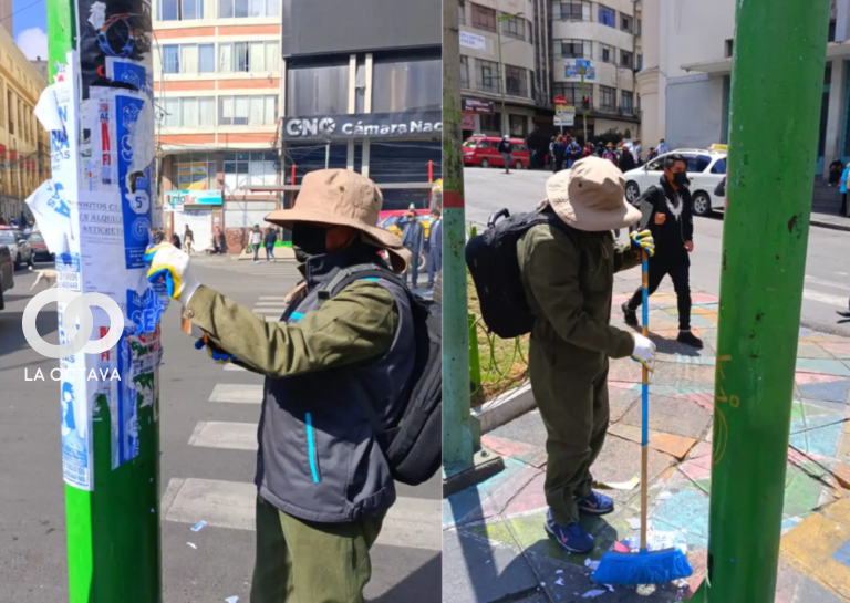 Personal municipal comienza con limpieza de calles sobre afiches de publicidad.