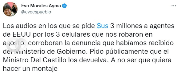 Evo Morales, postea un mensaje en twitter.