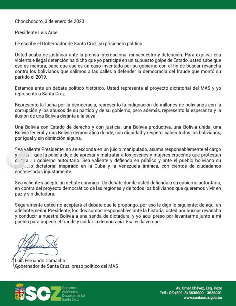 Carta de Luis Fernando Camacho dirigida al presidente Luis Arce.