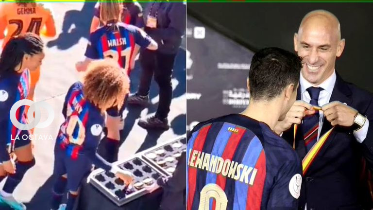 A la derecha, las jugadoras del Barcelona femenino recogen sus medallas tras ganar la Supercopa. A la izquierda, Rubiales entrega la medalla en la Supercopa en Riad.