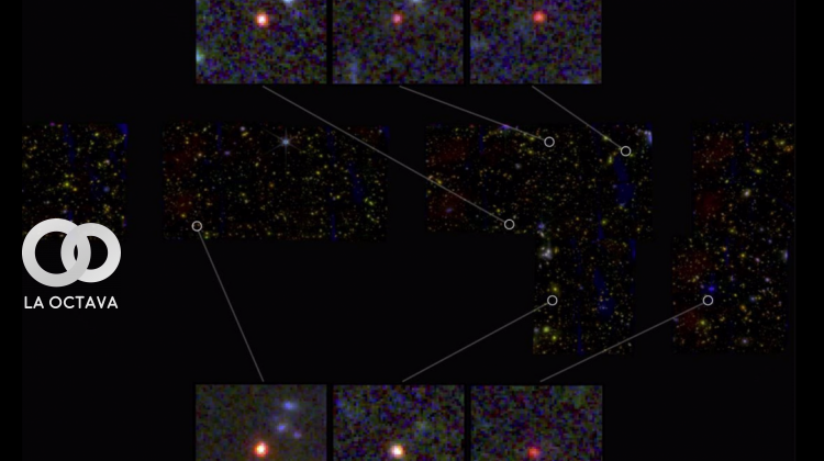 Imágenes de seis galaxias masivas candidatas, vistas 500-700 millones de años después del Big Bang. Fotos. NASA, ESA, CSA, I. LABBE