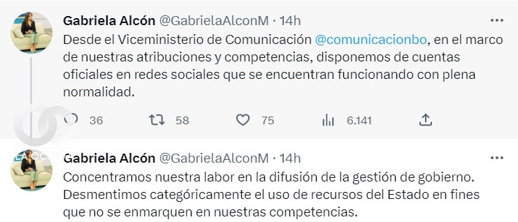 Twits de Gabriela Alcón, Viceministra de Comunicación.