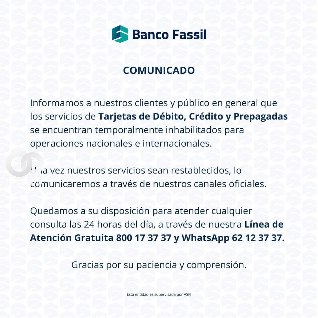 Primer comunicado del Banco Fassil.