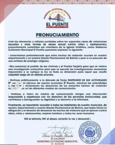 Comunicado emitido por la alcaldía El Puente. Foto: RRSS