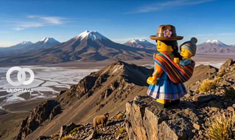 La cholita inspirada en el universo LEGO recorre el salar de Uyuni con un aguayo a la espalda, en una animación que rinde homenaje a las raíces y la identidad boliviana. | Foto: Plastic Motion Studios.